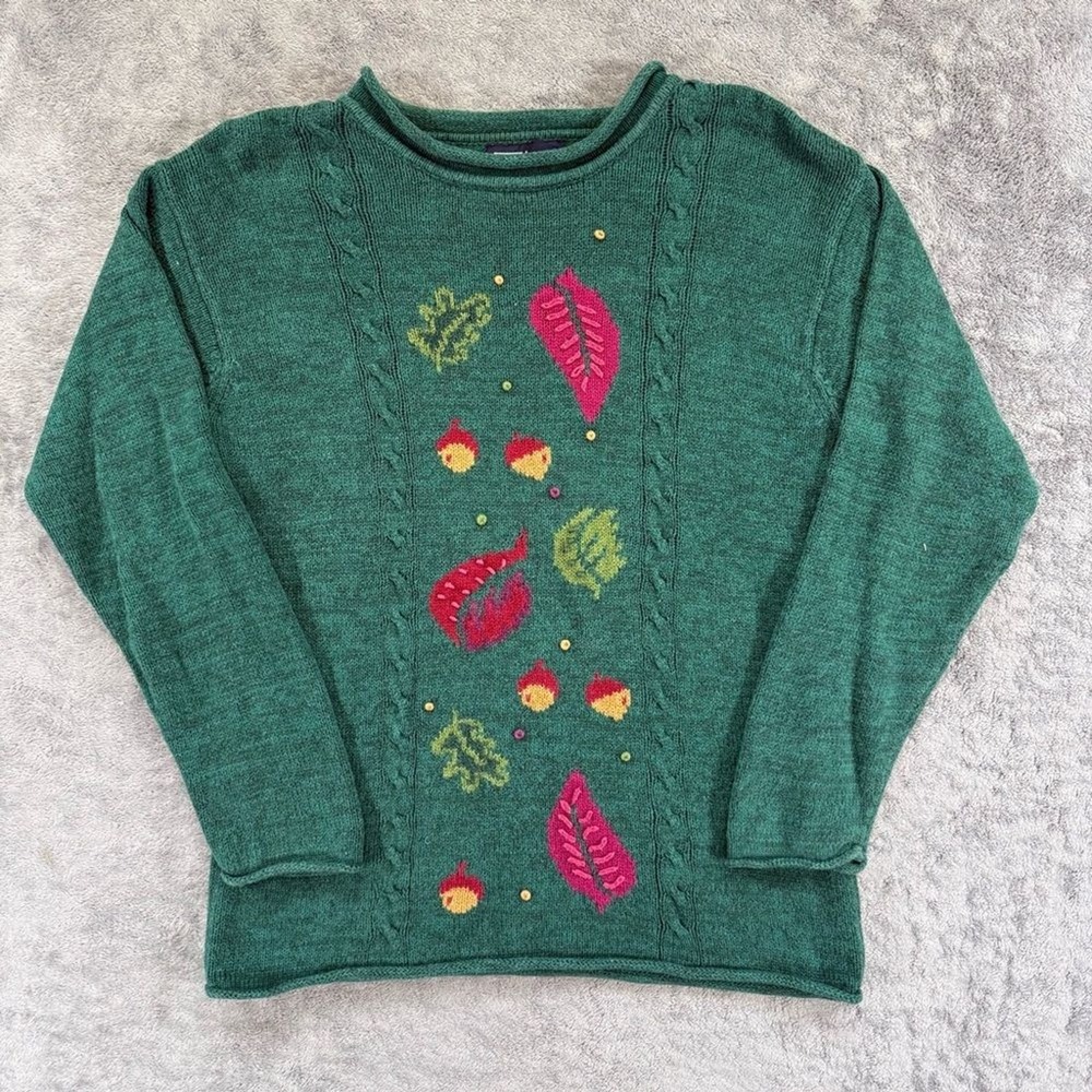 Retro Lands‎ End Roll Neck Knit Sweater Fall Autumn Leaves Outdoor Nature